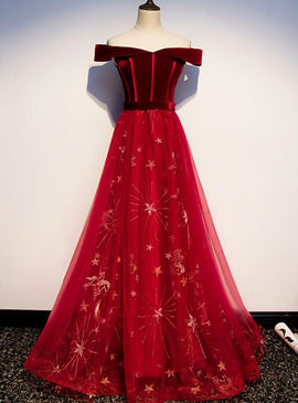 Gorgeous Red Tulle Off Shoulder Long Party Gown, Red Prom Dress