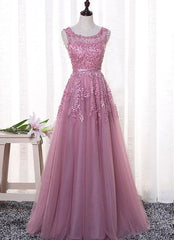 Charming Round Neckline Tulle A-line Prom Dress, Long Party Gown