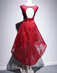 Beautiful High Low Lace Dark Red Party Dress, High Low Homecoming Dress