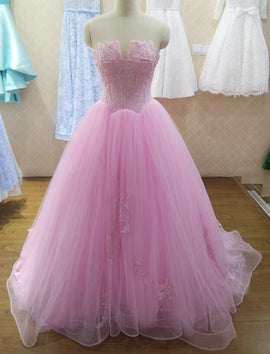 Beautiful Pink Tulle Ball Gown Party Dress, Long Sweet 16 Dress