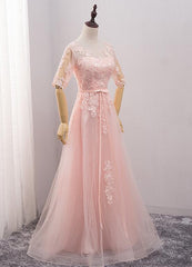 Pink Tulle Short Sleeves Long Bridesmaid Dress, Pink Evening Gown