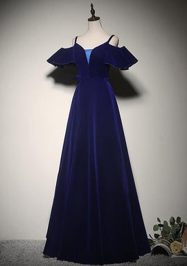 Elegant Blue Velvet Straps Long Party Dress, Long Evening Party Dress