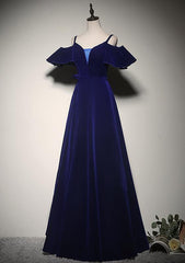 Elegant Blue Velvet Straps Long Party Dress, Long Evening Party Dress