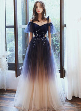 Cute A-line Off Shoulder Gradient Tulle Long Party Dress, New Prom Dress