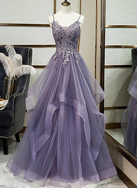 Tulle Long V-neckline Straps Layers Prom Dress, Evening Gown Formal Dress