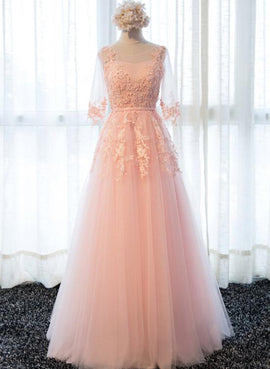 Beautiful Pink Tulle 1/2 Sleeves with Lace Applique Bridesmaid Dress, Long Prom Dress