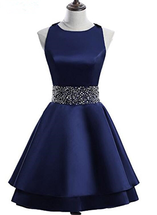 Navy Blue Satin Layers Cross Back Homecoming Dress, Blue Short Prom Dress