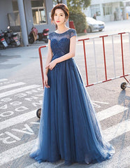 Blue Lace Cap Sleeves Long Evening Dress, A-line Backless Prom Dress