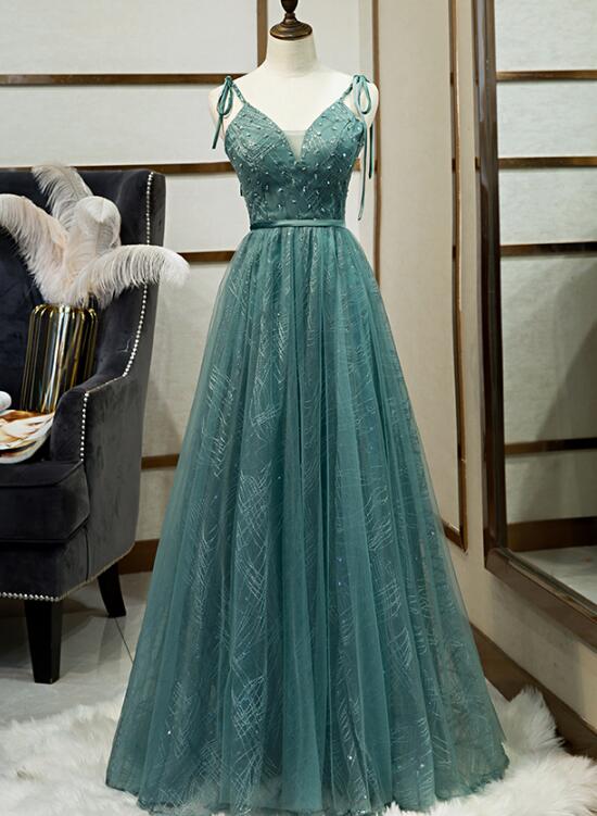Green Tulle Long Prom Dress, New V-neckline Straps Long Party Dress 2020