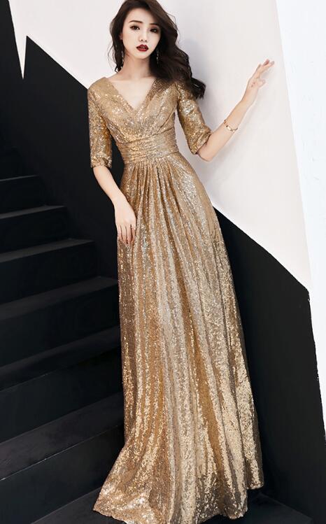 Vintage Shiny Sequin Sheath Prom Dress V-neck Evening Dress Long Formal Dress, DP6609