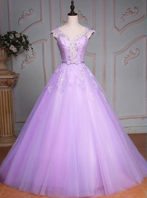 Light Purple Tulle Quinceanera Dress, Long Ball Gown Sweet 16 Dress