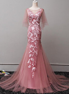Dark Pink Tulle Mermaid Long Formal Dress with Floral Lace, Long Evening Dress