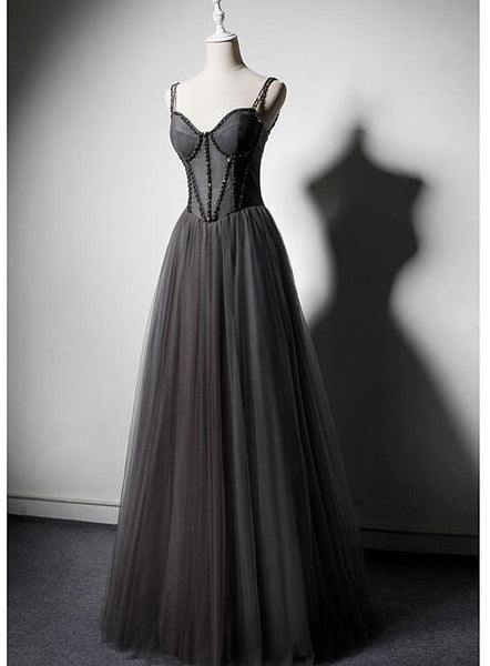 Dark Grey Tulle Straps Long Beaded Party Dress, Grey Long Formal Dress – Cutedressy