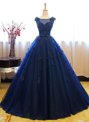 Navy Blue Tulle Cap Sleeves Quinceanera Dresses, Blue Beaded Ball Gown Party Dress