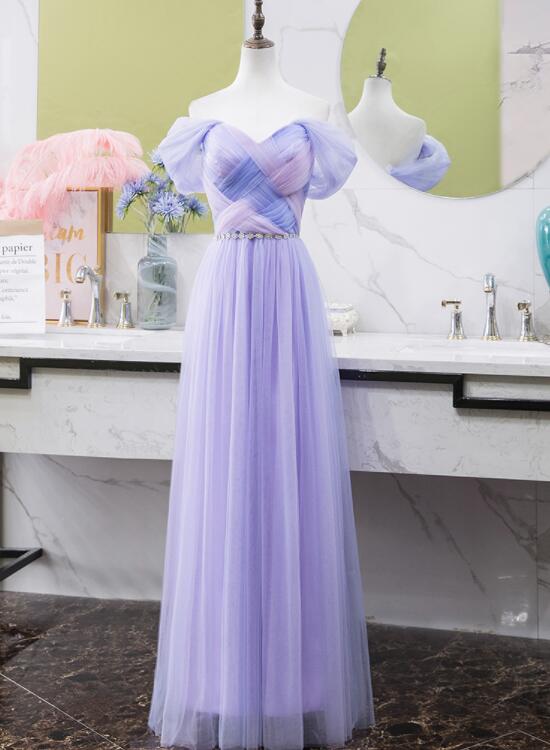 Light Purple Tull Off Shoulder Long Wedding Party Dress, Tulle Prom Dress