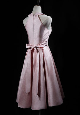 Pink Cute Short Satin Halter Homecoming Dress with Bow, Pink Prom Dress