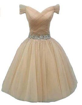 Cute Champagne Beaded Sweetheart Homecoming Dress, Off Shoulder Party Dress