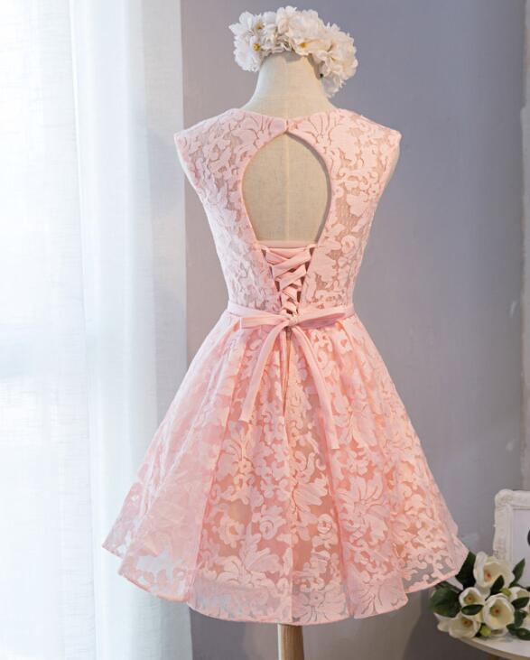 Pink Lace Knee Length Party Dress, Homecoming Dress Short Prom Dress