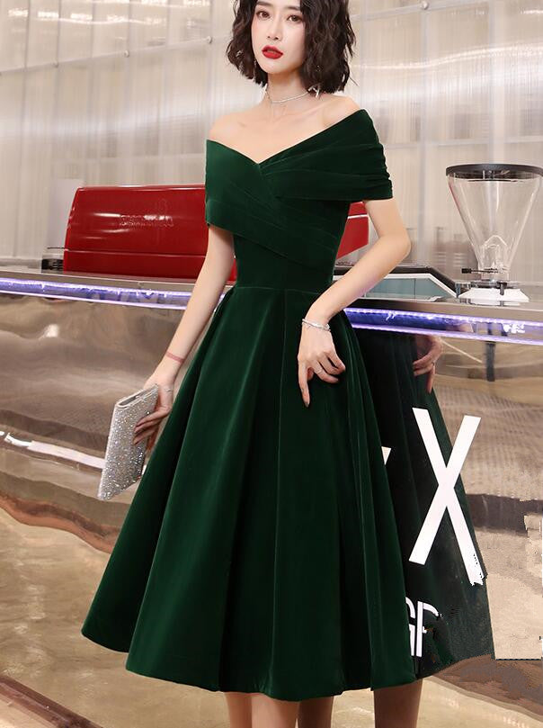 Green Tea Length Velvet Off Shoulder Party Dress, Green Bridesmaid Dre Cutedressy Green Tea Length Velvet Off Shoulder Party Dress, Green Bridesmaid Dre Cutedressy