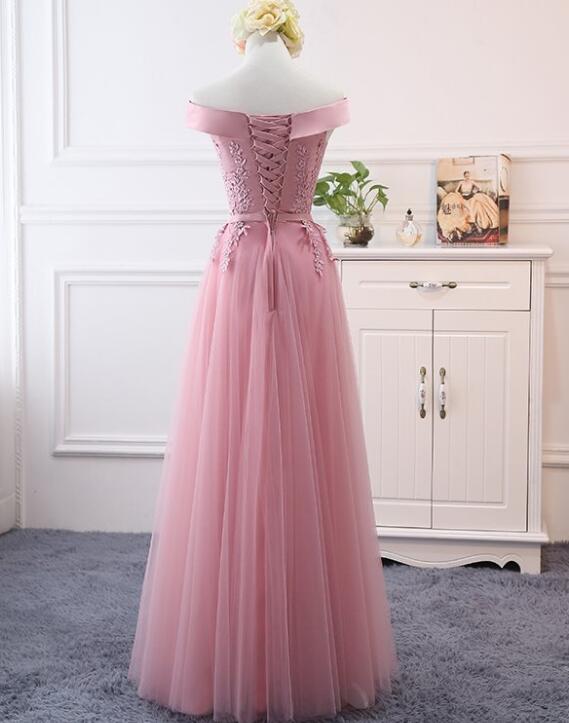 Pink Off Shoulder A-line Tulle Floor Length Bridesmaid Dress, Pink Prom Dress