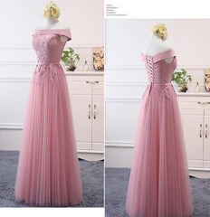 Pink Off Shoulder A-line Tulle Floor Length Bridesmaid Dress, Pink Prom Dress