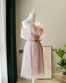 Pink Lace Straps Short Bridesmaid Dress, Lace Short Prom Dress, Homecoming Dress