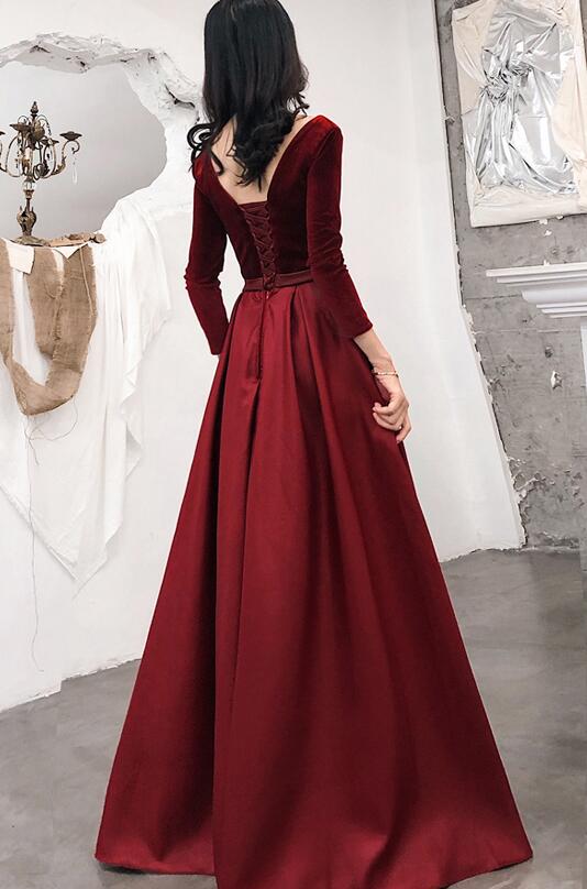 Wine Red Satin and Velvet Long Party Dress, Long Sleeves Evening Dress Cutedressy Wine Red Satin and Velvet Long Party Dress, Long Sleeves Evening Dress Cutedressy
