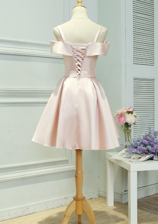 Light Pink Satin Knee Length Off Shoulder Party Dress, Short Pink Home Cutedressy Light Pink Satin Knee Length Off Shoulder Party Dress, Short Pink Home Cutedressy