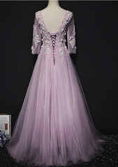 Pink Long Sleeves Tulle with Flowers V-neckline Prom Dress, A-line Pink Bridesmaid Dress Party Dress
