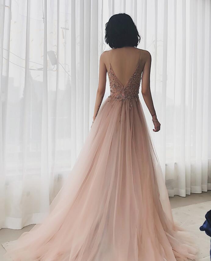 Pink A-line Beaded Tulle High Slit Straps Formal Dress, Pink Tulle Par ...