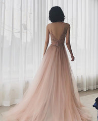 Pink A-line Beaded Tulle High Slit Straps Formal Dress, Pink Tulle Party Dress Prom Dress