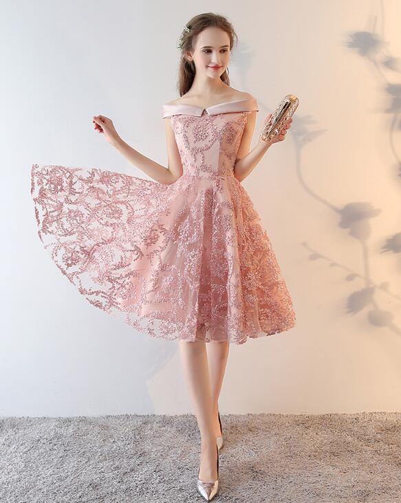 Pink Lace Off Shoulder Short Party Dress Homecoming Dress, Pink Prom D Cutedressy Pink Lace Off Shoulder Short Party Dress Homecoming Dress, Pink Prom D Cutedressy