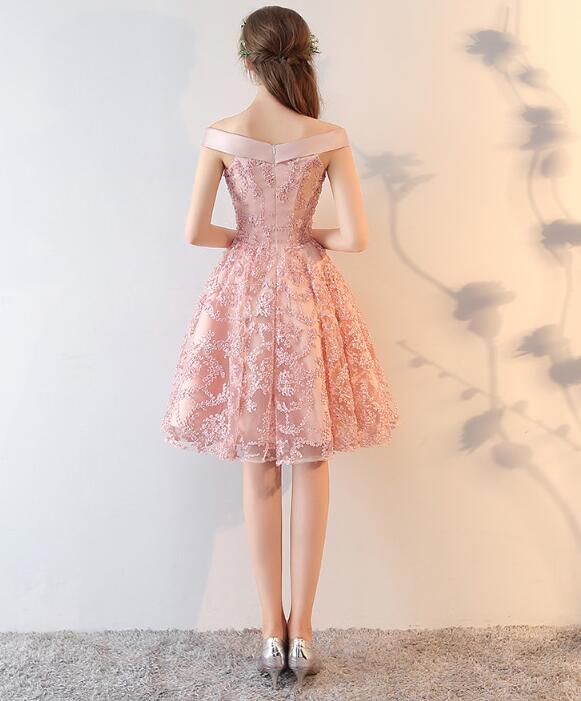 Pink Lace Off Shoulder Short Party Dress Homecoming Dress, Pink Prom Dress Formal Dress