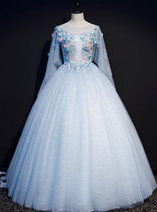 Light Blue Flowers Lace Round Neckline Ball Gown Sweet 16 Dress, Blue Long Formal Dresses