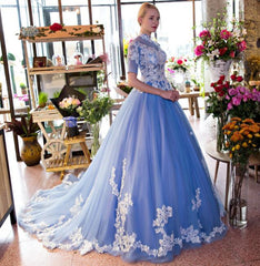 Blue Lace Short Sleeves Long Tulle Sweet 16 Gown, Blue Quinceanera Dresses