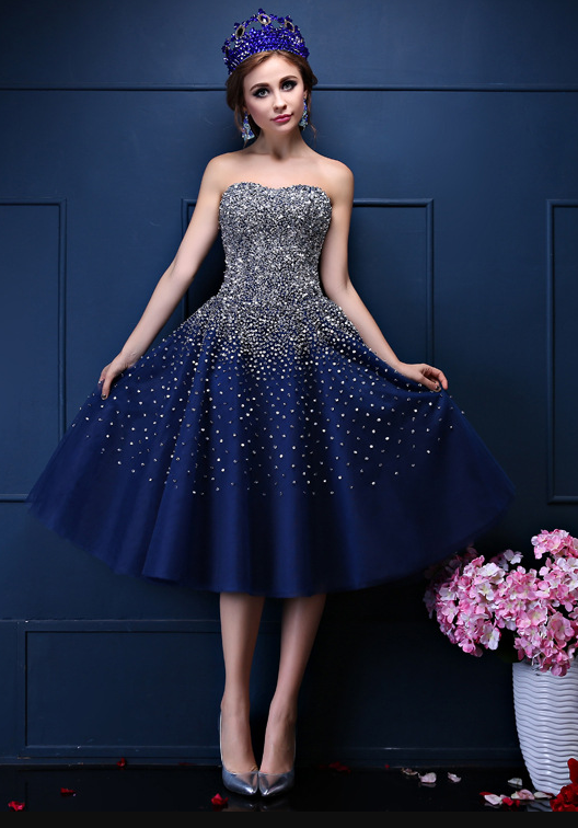 Navy Blue Sequins Sweetheart Tulle Knee Length Party Dresses, Blue Hom Cutedressy Navy Blue Sequins Sweetheart Tulle Knee Length Party Dresses, Blue Hom Cutedressy