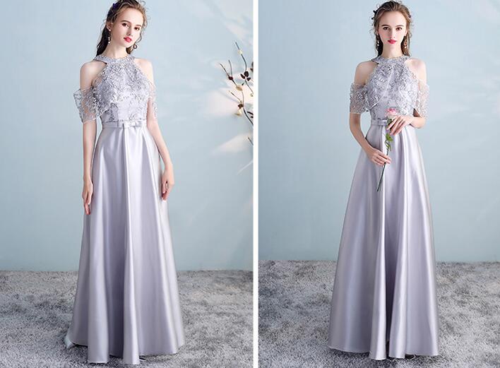 Sliver Grey Satin and Lace A-line Wedding Party Dresses, Cute Long Formal Dress Prom Dress Sliver Grey Satin and Lace A-line Wedding Party Dresses, Cute Long Formal Dress Prom Dress