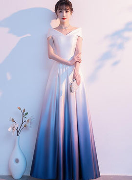 Blue and White Gradient Satin A-line Bridesmaid Dress, Off Shoulder Long Evening Dress