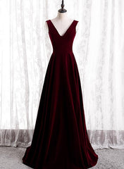 Wine Red V-neckline Velvet Long Bridesmaid Dress Party Dress, A-line Simple Formal Dress