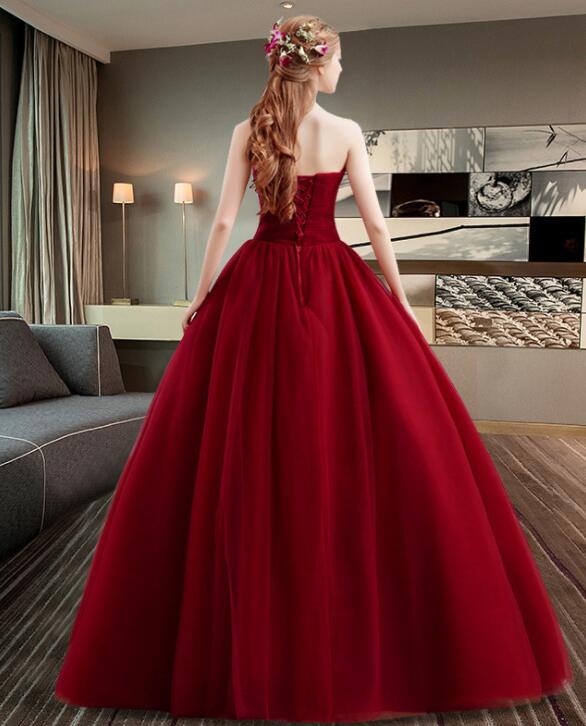 Wine Red Tulle Floor Length Ball Gown Sweet 16 Dress, Dark Red Formal Dress Prom dress