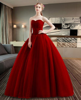 Wine Red Tulle Floor Length Ball Gown Sweet 16 Dress, Dark Red Formal Dress Prom dress