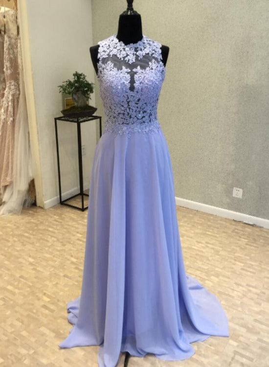 Simple Light Purple Chiffon O-Neck Sleeveless Floor Length, Lace Chiffon A-Line Prom Party Dresses