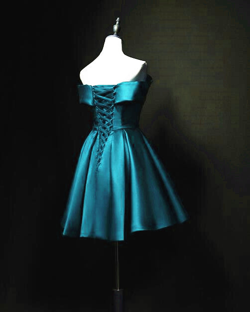 Blue Satin Cute Knee Length Short Prom Dress Homecoming Dress, Off Shoulder Formal Dress