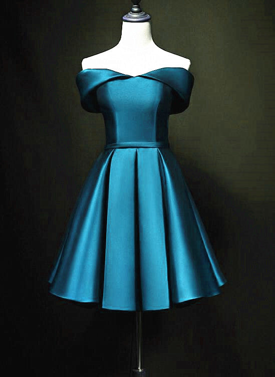 Blue Satin Cute Knee Length Short Prom Dress Homecoming Dress, Off Shoulder Formal Dress