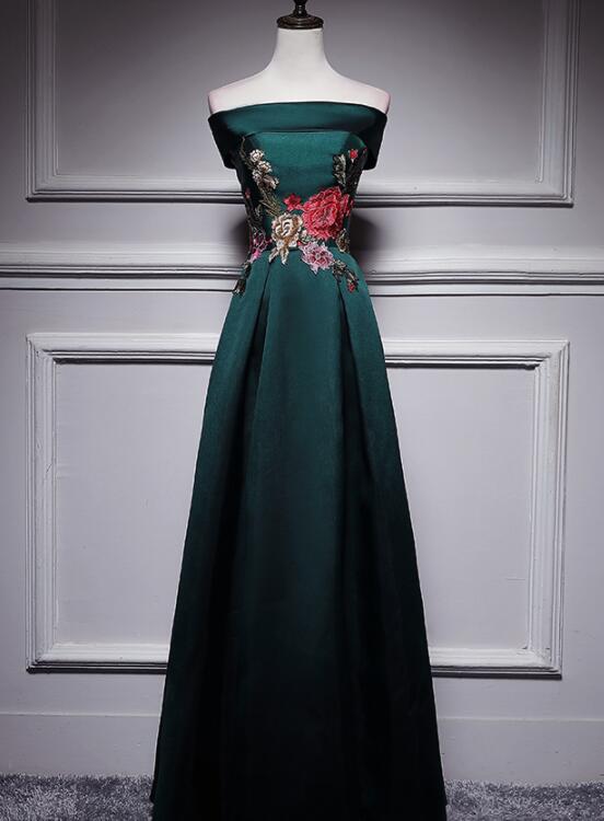 Dark Green Satin Long Party Dress with Embroidery, Green Prom Dress