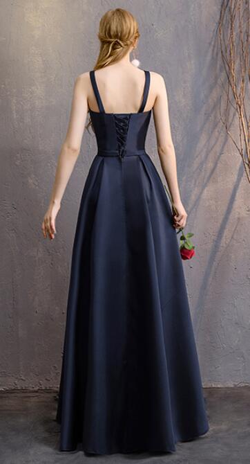 Navy Blue Satin Straps Long Evening Dress Floor Length , Blue Formal Dress Party Dress