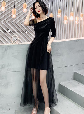 Black High Low Short Sleeves Party Dresses, Black Formal Dresses Homecoming Dresses