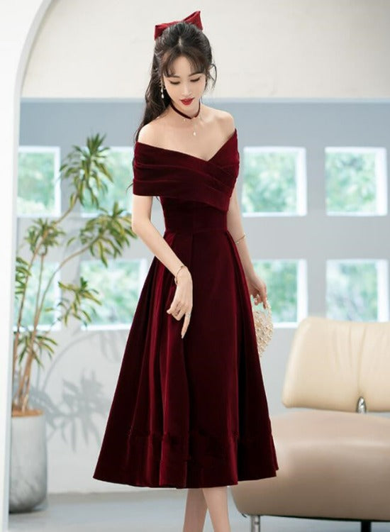 Beautiful Wine Red Velvet Bridesmaid Dress, Off Shoulder Tea Length Prom Dresses