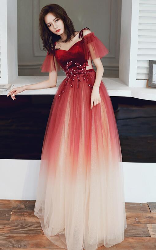 Red Tulle and Velvet Gradient Straps Long Evening Gown, Red Lovely Prom Dresses
