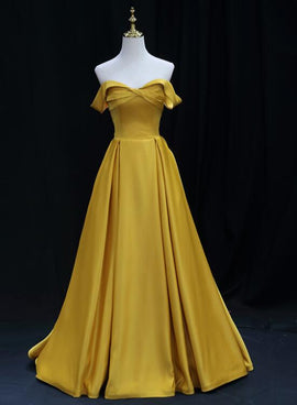 Yellow Satin Sweetheart Long Simple Party Dresses, Yellow Formal Gown Prom Dresses